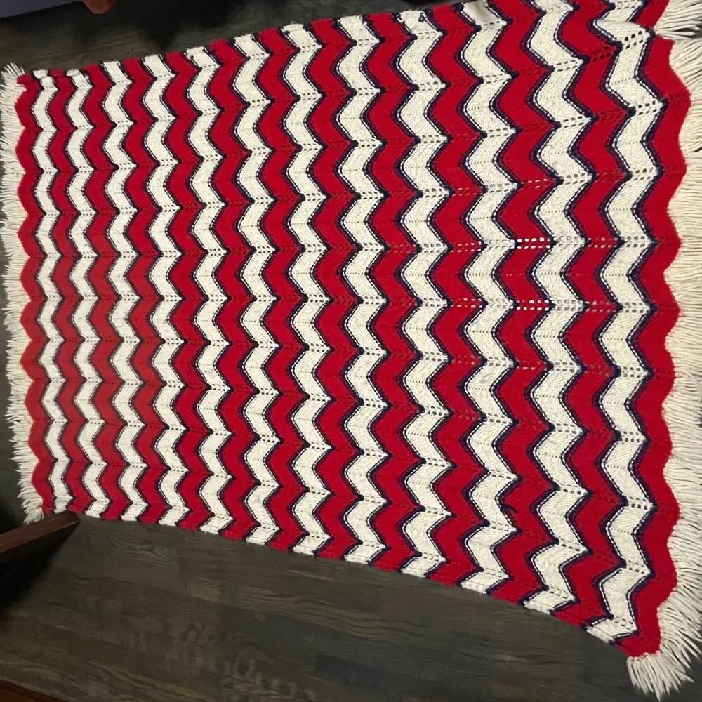 Vintage Handmade Zigzag Fringe Tassel Red White Blue Granny Afghan Throw
